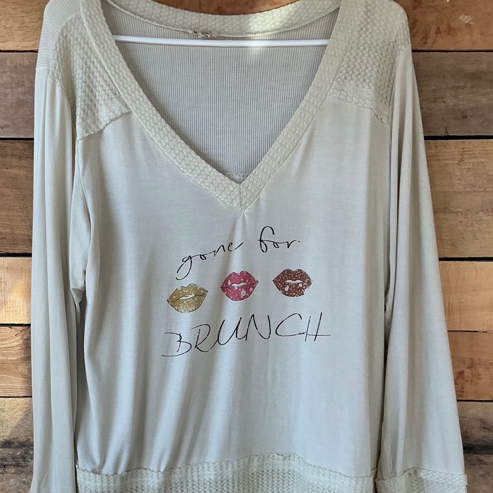 POL Sz L Oversized Graphic Pullover V-Neck Soft Lagenlook Art Waffle Design Chic